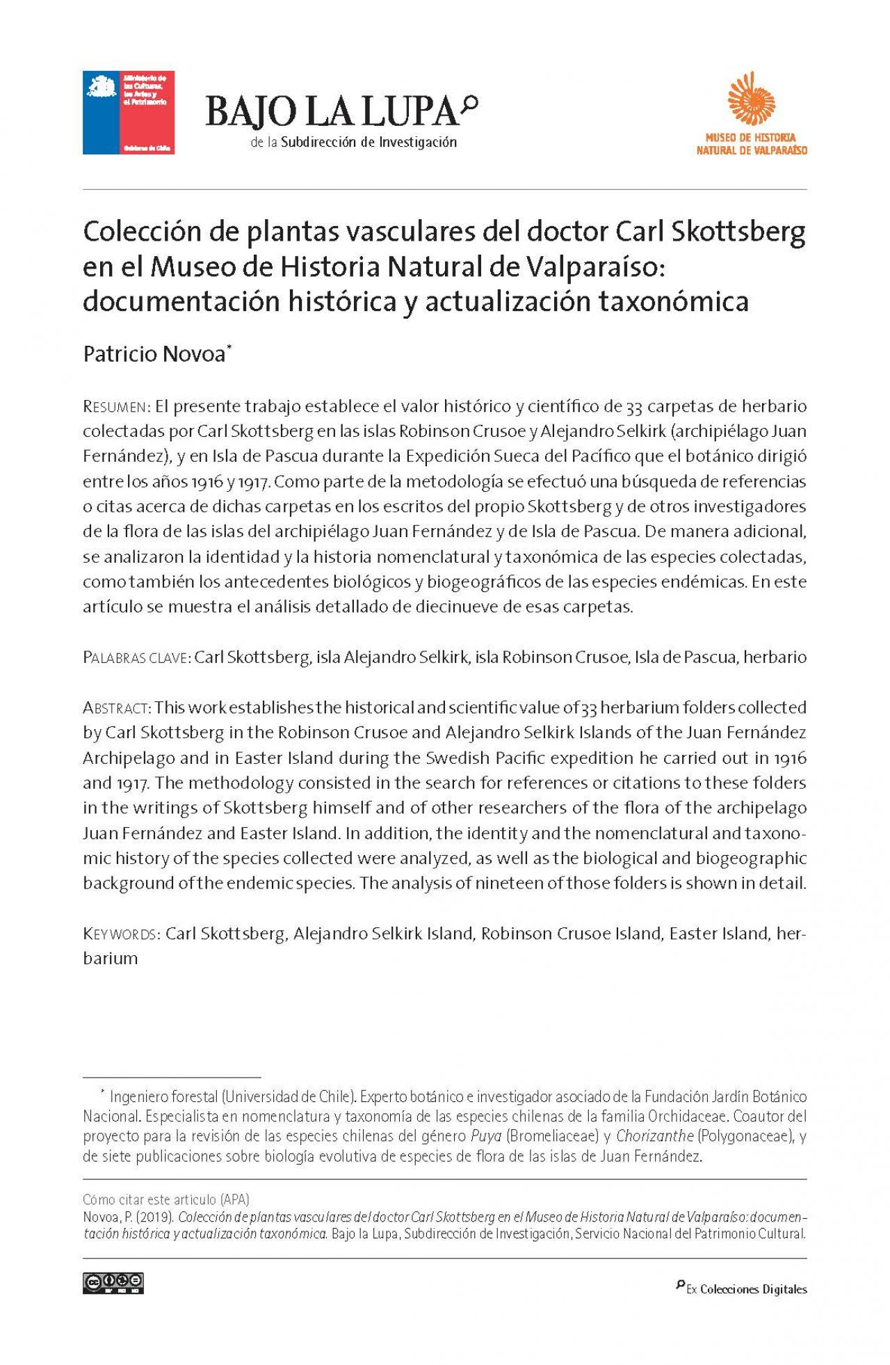 Colección de plantas vasculares del doctor Carl Skottsberg en el Museo de Historia Natural de Valparaíso