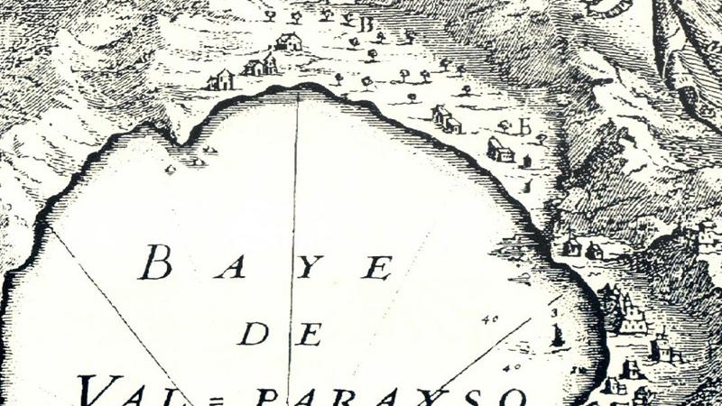 Plano de la bahía de Valparaíso por Le Gentil 1728 (Vasquez, N., Iglesias, R. & Molina, M. 1999. Cartografía de Valparaíso. Ediciones Universitarias de Valparaíso, 140 p.)