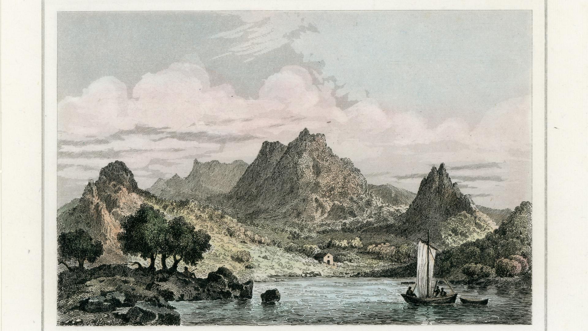 Grabado que representa un paisaje correspondiente a la Bahía Cumberland dibujado por Vander-Burch 