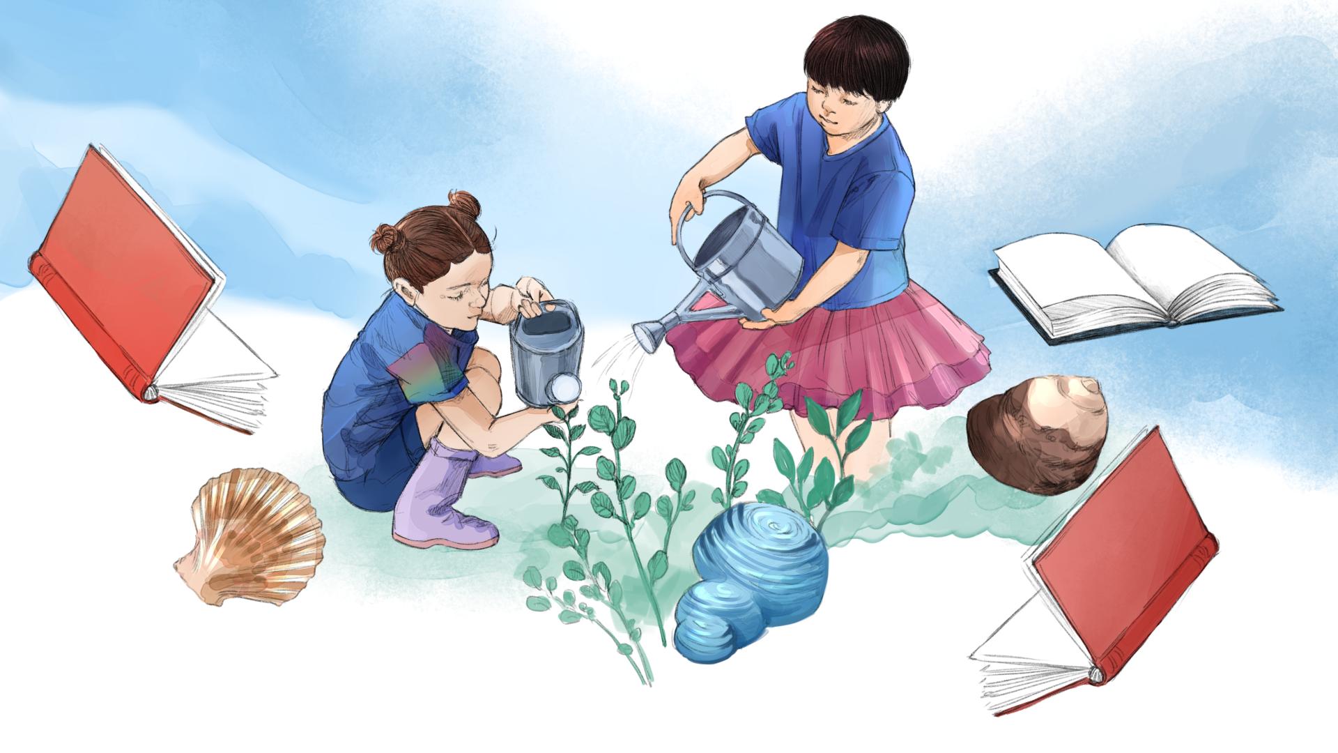 niña y niño regando plantas. Ilustración de José Díaz Carvajal