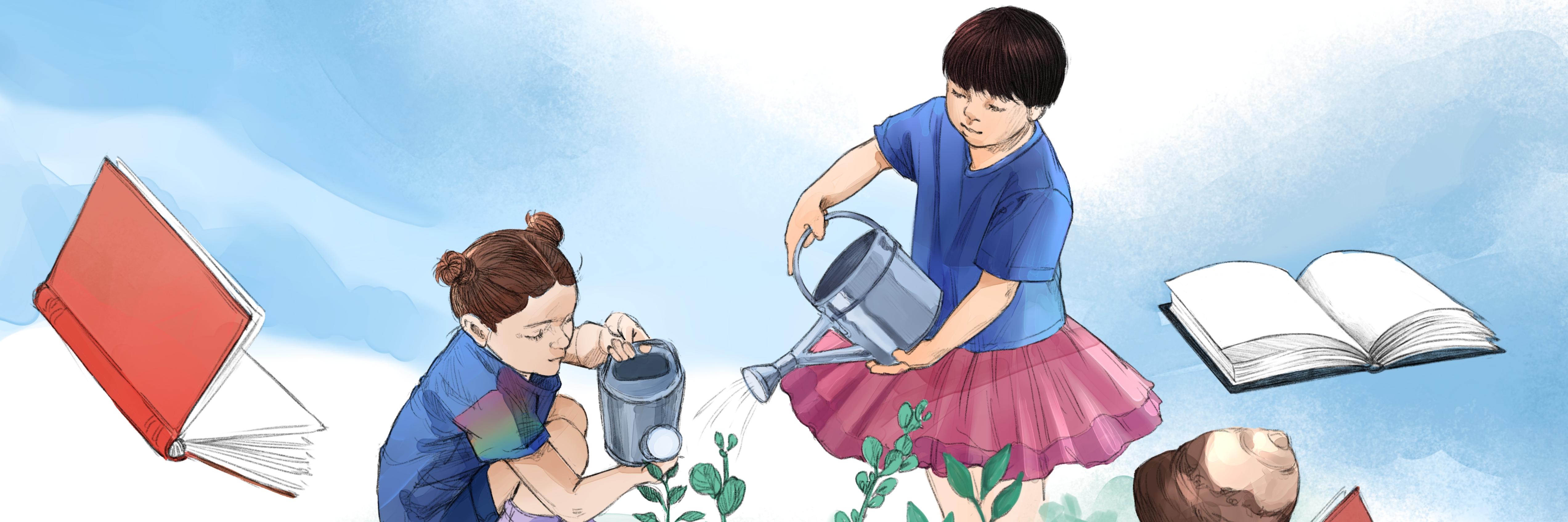 niña y niño regando plantas. Ilustración de José Díaz Carvajal 