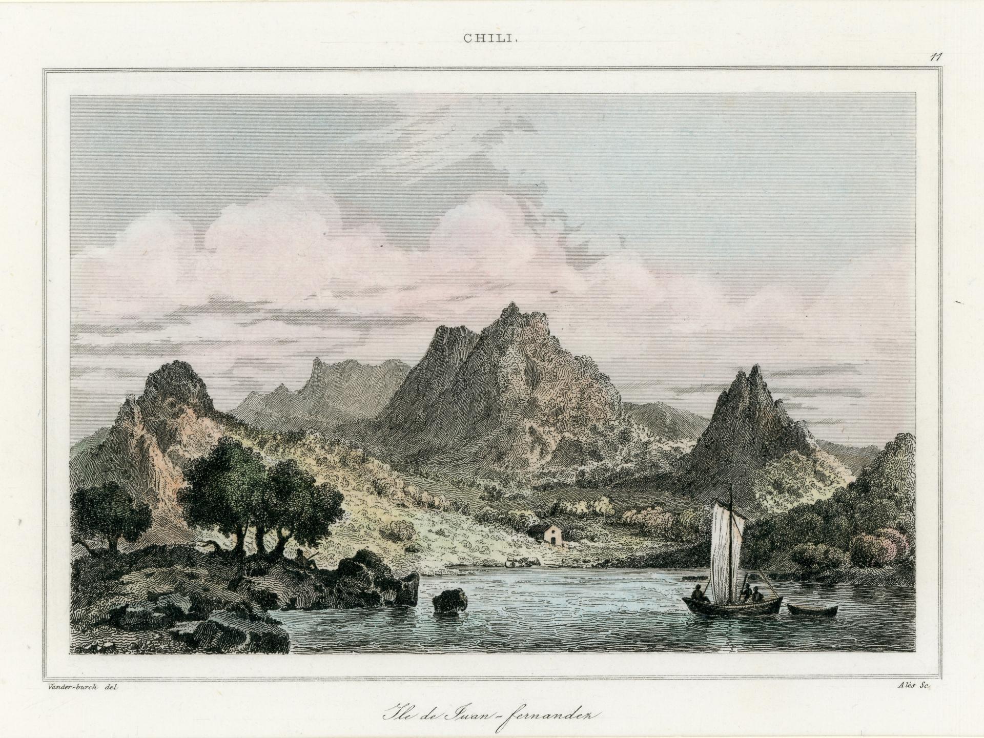 Paisaje de Juan Fernández, grabado perteneciente al archivo de la biblioteca científica del museo