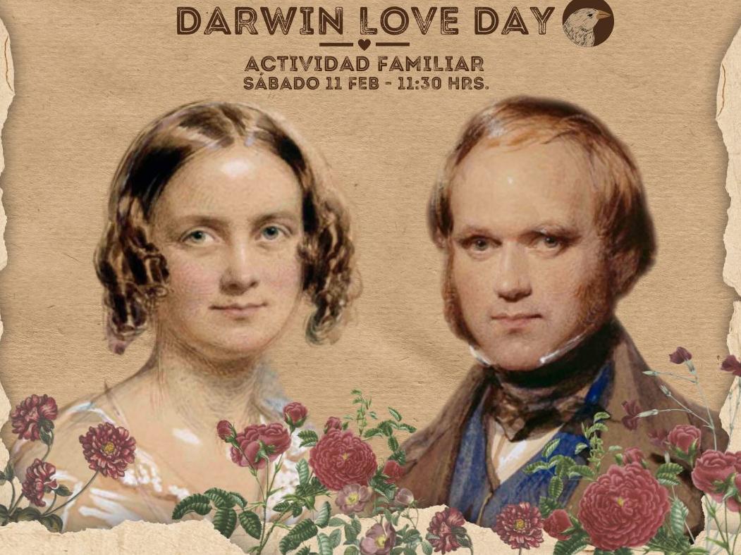 Afiche para "Darwin Day", donde aparece Darwin junto a su esposa en un fondo café, junto a las especificaciones del evento, como el horario y el día.