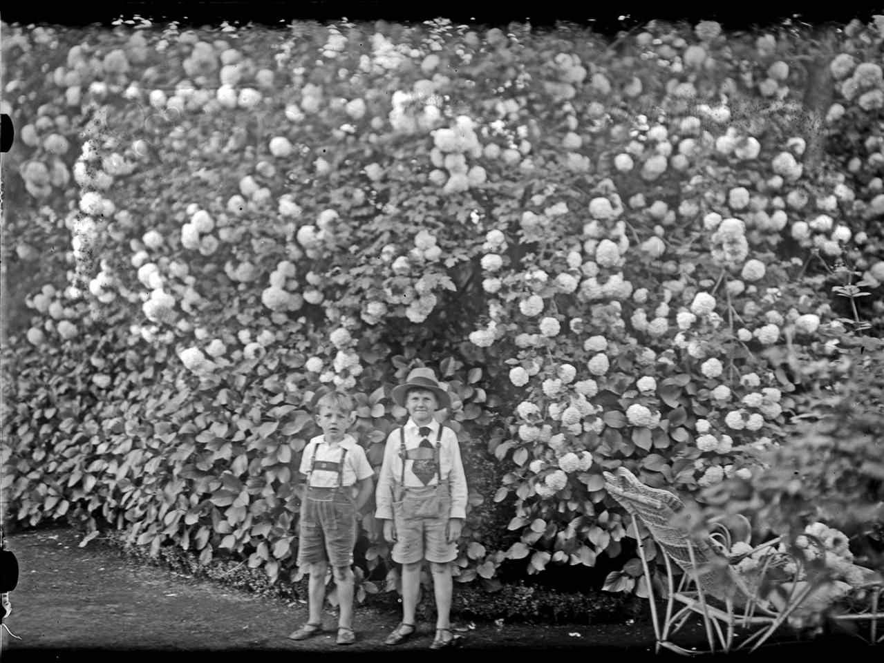 Retrato de dos niños en un jardín