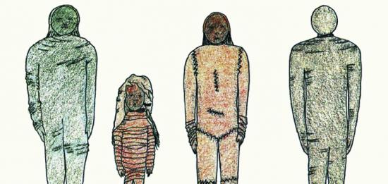 De izquierda a derecha: Momia Negra, Momia con Vendaje, Momia Roja y Momia con Pátina de Barro