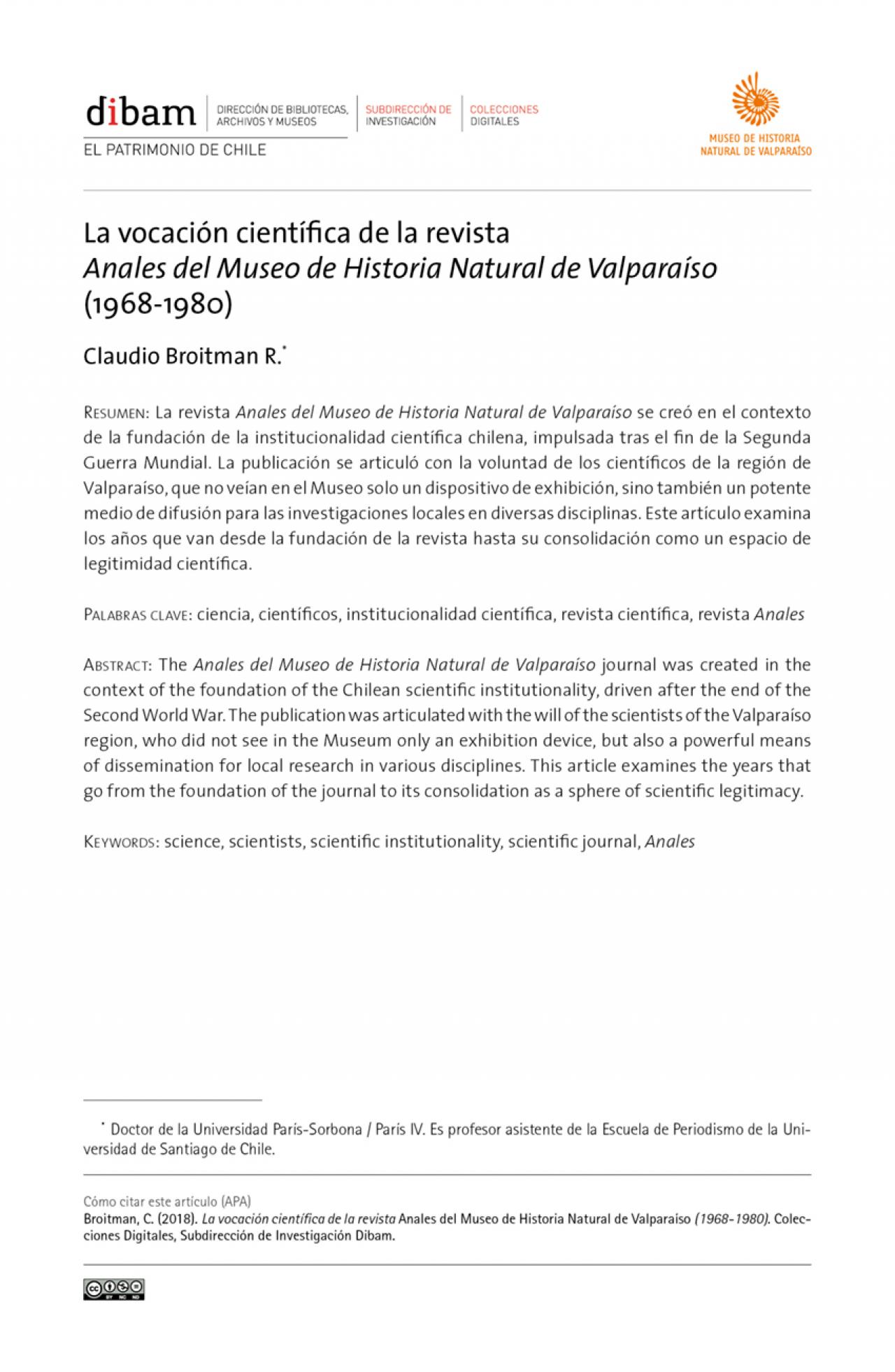 La vocación científica de la revista Anales del Museo de Historia Natural de Valparaíso (1968-1980)