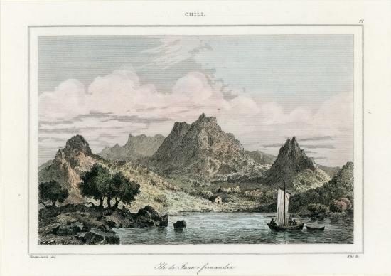 Grabado que representa un paisaje correspondiente a la Bahía Cumberland dibujado por Vander-Burch 