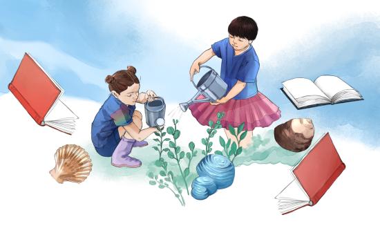 niña y niño regando plantas. Ilustración de José Díaz Carvajal 